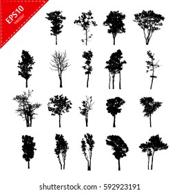 Set of abstract trees silhouettes on white background with a realistic,black tree