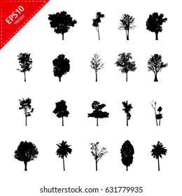 Set of abstract trees silhouettes on white background with a realistic,black tree