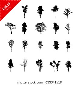 Set of abstract trees silhouettes on white background with a realistic,black tree