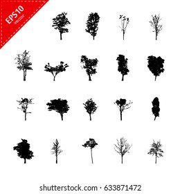 Set of abstract trees silhouettes on white background with a realistic,black tree