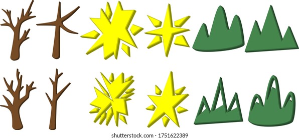 Set of abstract trees without leaves, stars and mountains. Three-dimensional icons. Vector illustration.