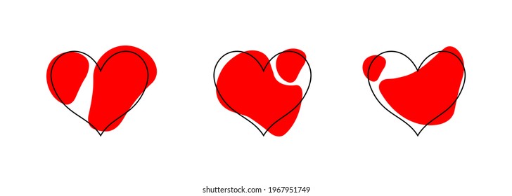 Set of abstract trending cute hearts with red shapes. Hand drawn line art vector illustration isolated on white background. EPS 10