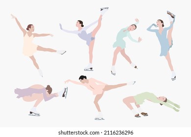 Set Of Abstract Trendy Cartoon Illustrations Of Female Figure Skaters, Ice Skating. Hand Drawn Vector Elements Isolated On White Background For Decoration, Flyer, Banner, Poster