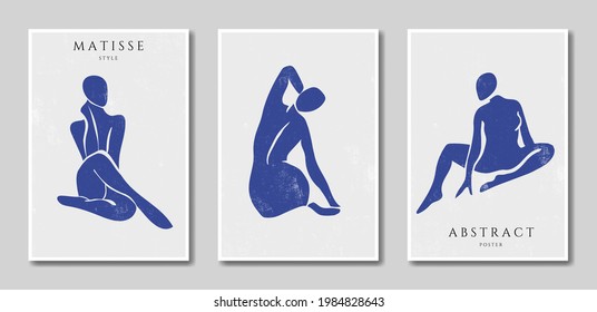 Set of abstract trendy creative artistic posters. Female body, texture. Matisse style. Pastel colors. Design for wallpaper, wall decor, print, cardbackground, social media, cover. Vector illustration.