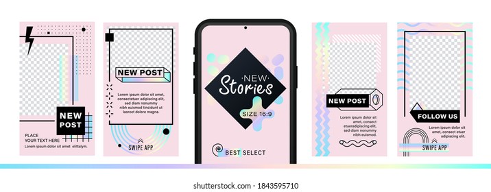 Set of abstract trendy design for stories with dispersion effect.  Editable template for social networks stories. For create trendy stories, sales, poster, new posts in memphis and hipster style.