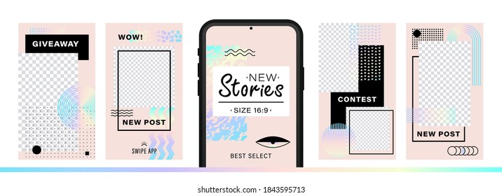 Set of abstract trendy design for stories with dispersion effect.  Editable template for social networks stories. For create trendy stories, sales, poster, new posts in memphis and hipster style.