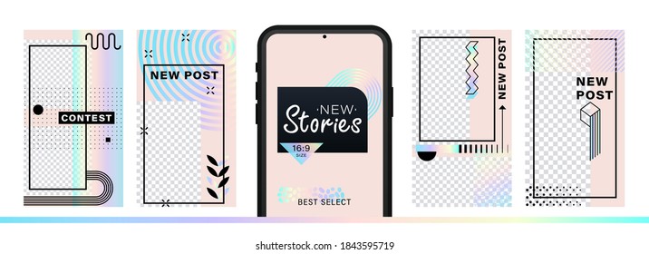 Set of abstract trendy design for stories with dispersion effect.  Editable template for social networks stories. For create trendy stories, sales, poster, new posts in memphis and hipster style.