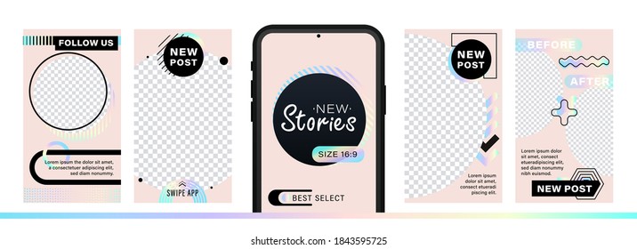 Set of abstract trendy design for stories with dispersion effect.  Editable template for social networks stories. For create trendy stories, sales, poster, new posts in memphis and hipster style.