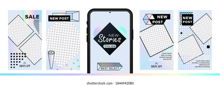 Set of abstract trendy design for stories with dispersion effect.  Editable template for social networks stories. For create trendy stories, sales, poster, new posts in memphis and hipster style.