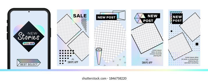 Set of abstract trendy design for stories with dispersion effect.  Editable template for social networks stories. For create trendy stories, sales, poster, new posts in memphis and hipster style.