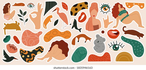 Set of abstract trendy doodle art stickers. Set of hand drawn birds, cat, whale, koala, women, plants, stork, silhouettes. Design element. Flat cartoon isolated vector illustrations