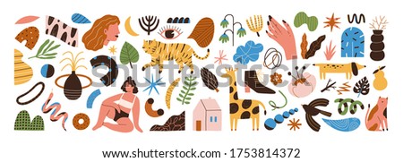 Set of abstract trendy doodle shapes and objects vector flat illustration. Collection of various hand drawn animals, people, plants and symbols isolated on white. Colorful modern decorative elements