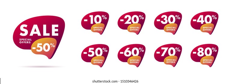 Set of abstract trendy dynamic style compositions, promotion banners, discount labels, text boxes with percent from ten to eighty