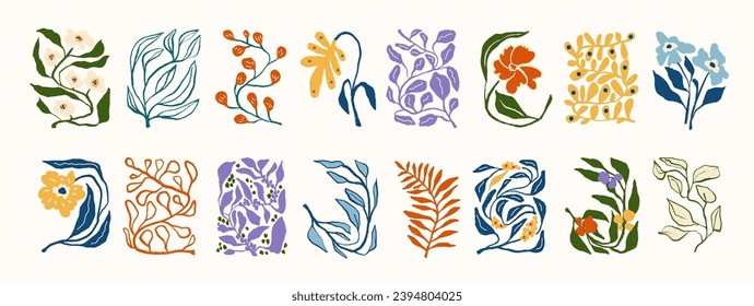 Set of abstract trendy floral in Matisse style. Modern boho art, minimalist botanical flower for print poster home interior decor. Vector illustration in hand drawn style