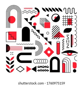 Set of abstract trendy geometric shapes and design elements with bright red elements. Memphis design, retro elements for creation advertisement, commercial banners, billboard, sale, poster, leaflet