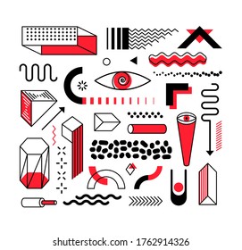 Set of abstract trendy geometric shapes and design elements with bright red elements. Memphis design, retro elements for creation advertisement, commercial banners, billboard, sale, poster, leaflet