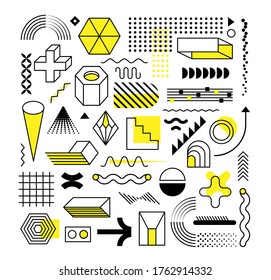 Set of abstract trendy geometric shapes and design elements with bright yellow elements. Memphis design, retro elements for creation advertisement, commercial banners, billboard, sale, poster, leaflet