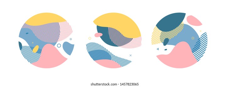 Set of abstract trendy graphic circle elements. Dynamical pastel color around forms and line. Gradient abstract background  flowing liquid shapes. Template for design of a flyer, presentation. Vector.