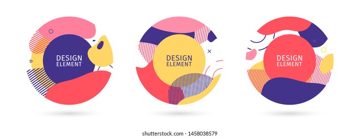 Set Of Abstract Trendy Graphic Circle Elements. Dynamical Bright Colors Around Forms And Line Background. Gradient Abstract Banner With Flowing Liquid Shapes. Template For Flyer, Cover Design. Vector.