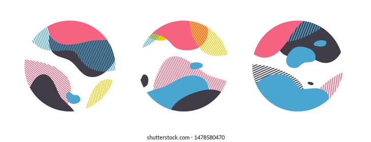 Set of abstract trendy graphic circle elements. Dynamical pastel color around forms and line. Gradient abstract background  flowing liquid shapes. Template for design of a flyer, presentation. Vector.
