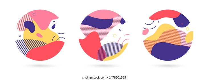 Set of abstract trendy graphic circle elements. Dynamical modern color around forms and line. Gradient abstract background  flowing liquid shapes. Template for design of a flyer, presentation. Vector.