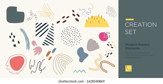 Set of abstract trendy hand drawn shapes and design elements. Pattern Creation set. Vector