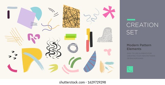 Set of abstract trendy hand drawn geometric shapes, lines and design elements. Pattern Creation set. Vector