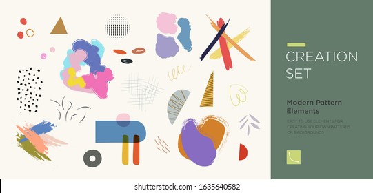 Set of abstract trendy hand drawn shapes and design elements. Pattern Creation set. Vector