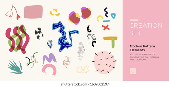Set of abstract trendy hand drawn shapes and design elements. Pattern Creation set. Vector
