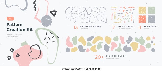 Set of abstract trendy hand drawn shapes and design elements. Pattern Creation set. Vector illustration