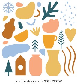 Set of abstract trendy hand drawn shapes and design elements. Vector elements creator set. Winter collection with decorative shapes. Pastel color