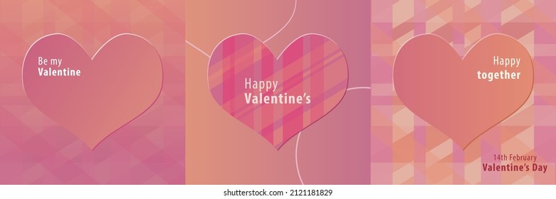 Juego de tarjetas Happy Valentine, abstractas y de moda, con formas cardíacas, un patrón de cuadrícula en colores rosa y coral con gradiente y fondo geométrico. Vectado. Saludos en la plaza para el 14 de febrero. 