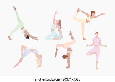 Conjunto de ilustraciones abstractas de moda de las chicas que hacen yoga. Elementos vectoriales dibujados a mano aislados en fondo blanco para decoración, volante, banner, afiche