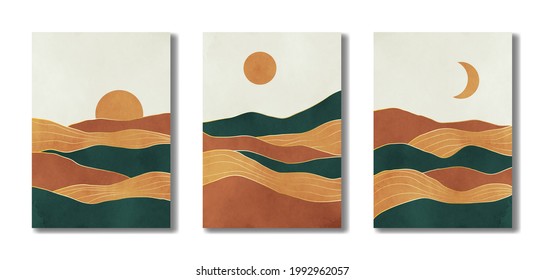 Set of abstract trendy landscape posters. Sea, hills, desert, sun.  Earth tones. Pastel colors. Minimalist style. Design for wallpaper, wall decor, postacrd, print, background. Vector illustration