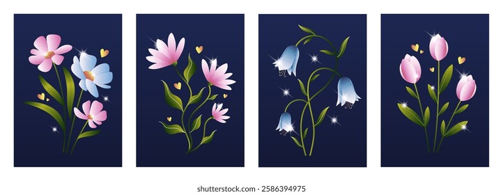 Set of abstract trendy minimal doodle gradient floral drawings. Magic concept elements. Intricate vibrant modern style design for wallpaper, wall decor, card, print, cover, social media, logo. Vector.