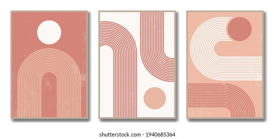 Set of abstract trendy modern creative geometric posters. Minimal style. Design for wallpaper, wall decor, print, background, social media, brochure, card, banner. Pastel colors. Vector illustration