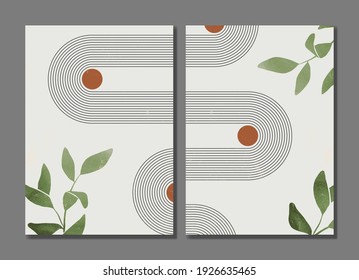 Set of abstract trendy modern geometric posters. Balance shapes, floral elements. Pastel colors. Minimalist style. Design for wall decor, print, card, wallpaper, social media, banner. Vector illustration. 