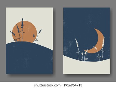 Set of abstract trendy modern posters. Landscapes, sun, moon, floral elements. Design for wall decor, print, card, banner, wallpaper, background, cover. Minimalist simple style. Vector illustration