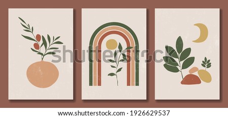 Set of abstract trendy modern posters. Floral elements, with rainbow, sun and moon, balance shapes. Pastel colors, earth tones. Minimal style. Design for wall decor, print, card, banner. Vector illustration