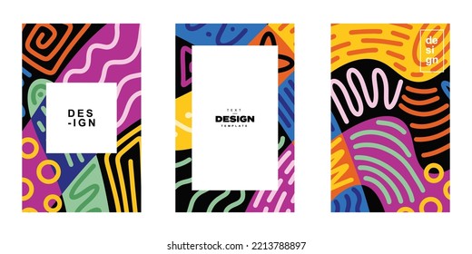 Conjunto de diseño de plantillas de afiches abstractos a la moda en estilo étnico. Colección de fondo de patrón de trazo de contorno de ilustración retro moderna