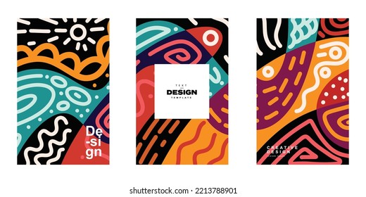 Conjunto de diseño de plantillas de afiches abstractos a la moda en estilo étnico. Colección de fondo de patrón de trazo de contorno de ilustración retro moderna