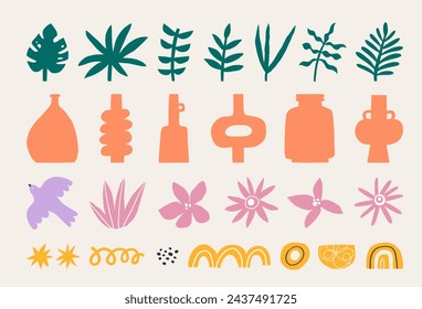 Set of abstract trendy shapes, leaves, flowers and design elements. Pattern creation set. 