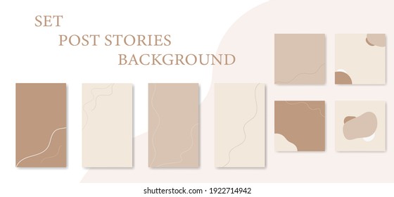 Set of abstract trendy social media backgrounds. Backdrops for posts and stories, copy space. Vertical, square backgrounds of lines and shapes in beige, skin tones