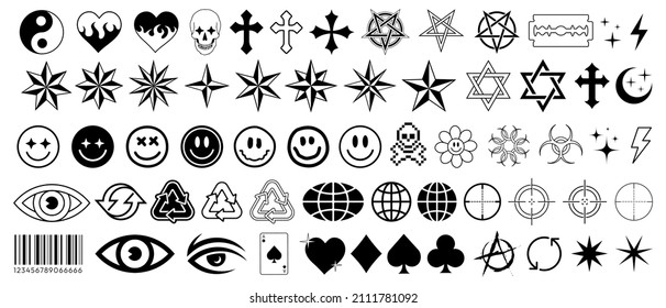 Set of Abstract Trendy Vector Graphics. Collection of Acid Style Elements. Cool Rave Icons.