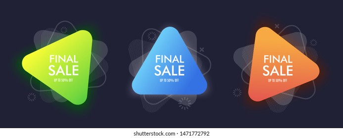 Set abstract triangle banner with bright effect isolated on dark blue background. Neon badge. Abstract geometric shape. Dynamic composition. Vector illustration