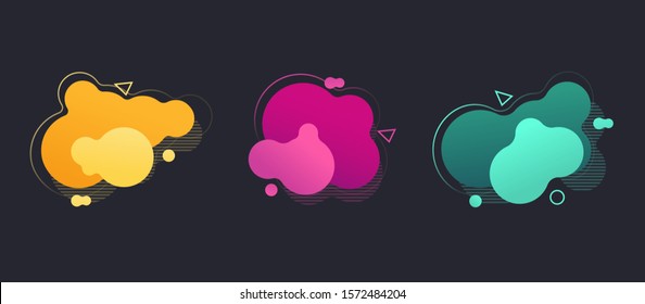 Set abstract triangle banner with bright effect isolated on dark blue background. Neon badge. Abstract geometric shape. Dynamic composition. Vector illustration