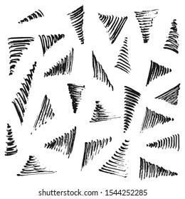 Set of abstract triangles, black grunge background with texture. Ink brush stroke. Vector geometric shape. Doodle style. Texture for print, wallpaper, decor, fashion fabric and textile.
