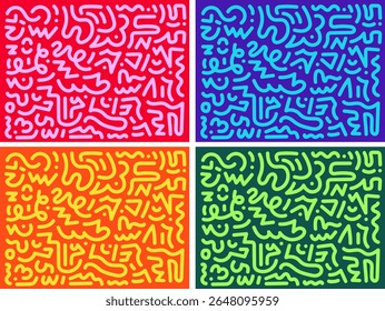 Conjunto de padrões tribais abstratos sem emenda. Coleção de planos de fundo de rabiscar desenhados à mão com símbolos de estilo étnico ou hieroglífico em quatro variações de cor