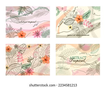 Set of abstract tropical backgrounds. Posters with watercolor organic elements, flowers, leaves and plants. Design elements for postcards. Cartoon flat vector collection isolated on white backdrop