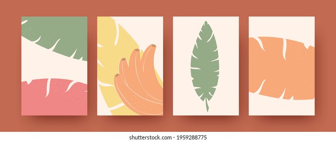 Set of abstract tropical elements in pastel colors. Contemporary banana leaves vector illustration templates. Exotic fruits and botany concept for social media, postcards, invitation cards